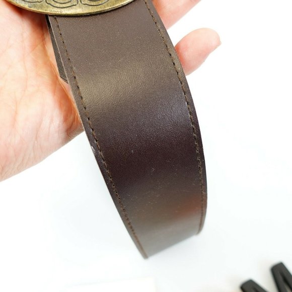 Women's‎ Leather Brown Dress Belt 27.5 Brass Circle Buckle Boho - Picture 8 of 10